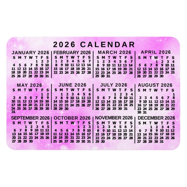 Íman 2026 Year Monthly Calendar Pink Watercolor Stars (Horizontal)