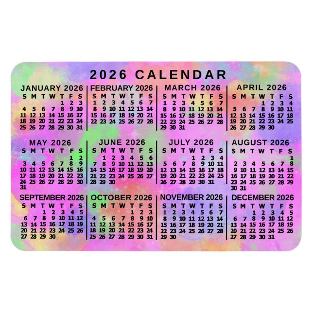 Íman 2026 Year Monthly Calendar Rainbow Splatter Paint (Horizontal)