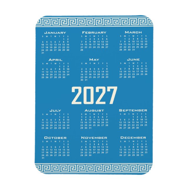 Íman 2027 Calendar, Greek Fret, Cosmic Latte on Blue (Vertical)