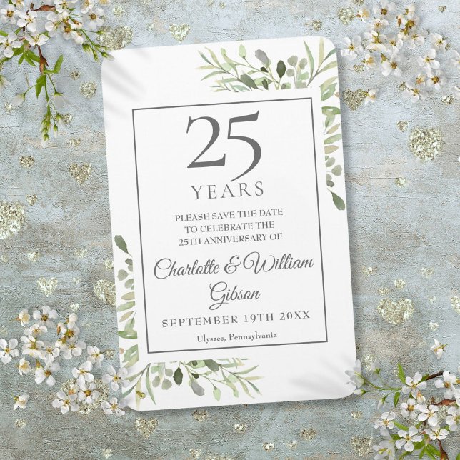 Íman 25º Salve a Data do Aniversário de Prata Folhagem  (25th Silver Anniversary Save the Date Greenery Magnet)