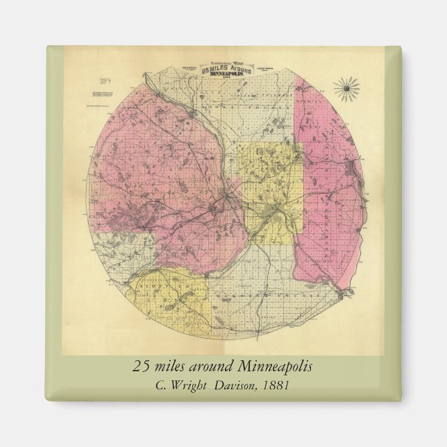 Íman 25 Milhas Em Torno De Minneapolis - Mapa De 1881 (Frente)