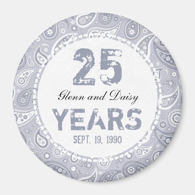 Íman 25 Silver Casamento Aniversário Paisley Pattern (Frente)