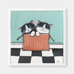 Íman 2 Gatos de Tuxedo em caixa | Magneta de Cat Art