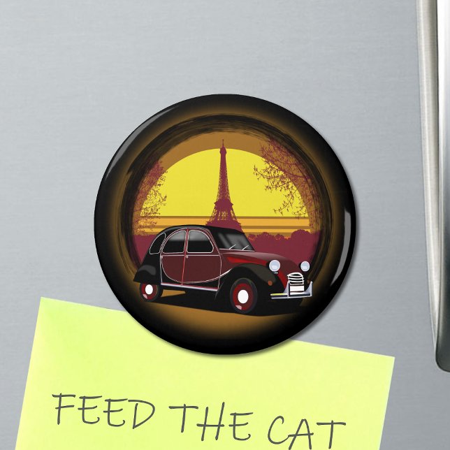 Íman 2CV Deux Chevaux Charleston Paris Eiffel Tower Sun (2CV Magnet in Black with a Romantic Deux Chevaux Charleston Eiffel Tower Illustration)