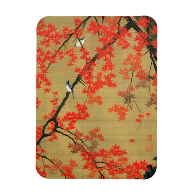 Íman 30. 紅 葉 小 図, 若 冲 Maple & Small Birds, Jakuchu (Vertical)