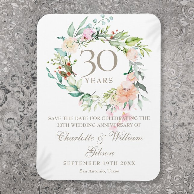 Íman 30 Casamento Aniversário Salvar a Data Floral (30th Wedding Anniversary Floral Save the Date Magnet)