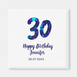 Íman 30th birthday add name date year blue sparkle 