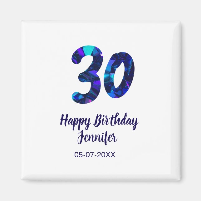 Íman 30th birthday add name date year blue sparkle  (Frente)