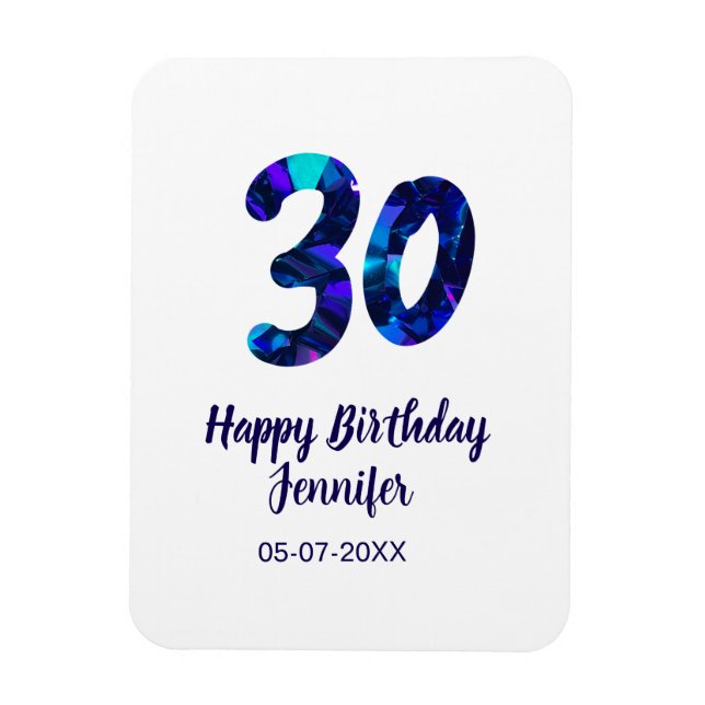Íman 30th birthday add name date year blue sparkle  (Vertical)