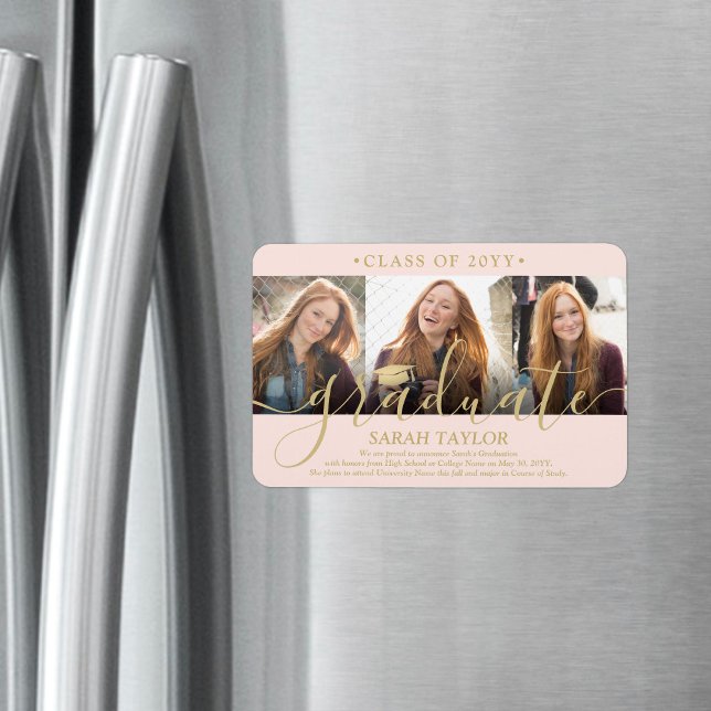 Íman 3 Anúncio de Graduação Pink e Dourado Blush de Fot (Criador carregado)