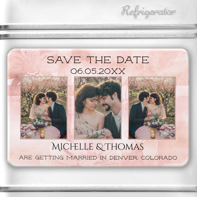 Íman 3 Fotografias com Blush Geométrico Guarde a Data (Save the Date magnet featuring your photos on an abstract floral design in peach and blush pink.)