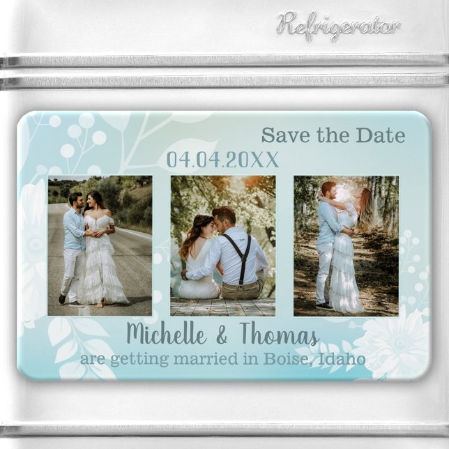 Íman 3 Fotos Ímã de Save the Date Turquesa Pastel (Save the Date magnet featuring 3 of your own photos framed by a pastel teal turquoise floral design.)