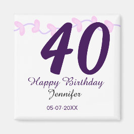 Íman 40th birthday add name date year purple floral pin