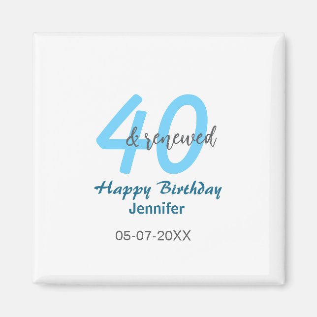 Íman 40th & renewed birthday name date blue bold number (Frente)