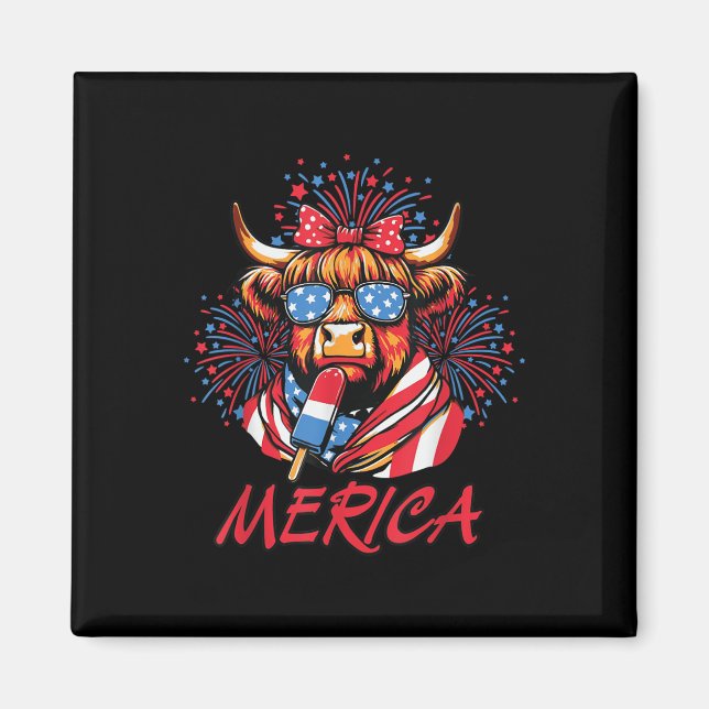 Íman 4 De Julho De Highland Cow Popsicice Fireworks Usa (Frente)