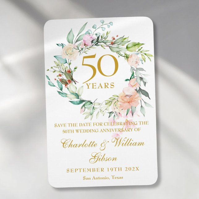Íman 50º Aniversário de Casamento Salve a Rosa Floral (50th Wedding Anniversary Save the Date Rose Floral Magnet)