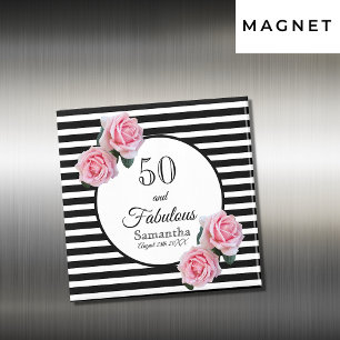 Íman 50.º aniversário rosas rosa-chic, listras branca