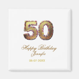 Íman 50th birthday add name date year gold floral bold 