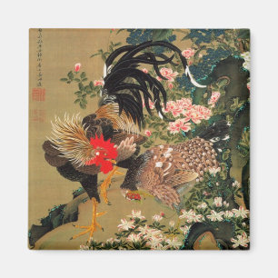 Íman 6. 紫陽花双鶏図, Hydrangea do 若冲 e galo,