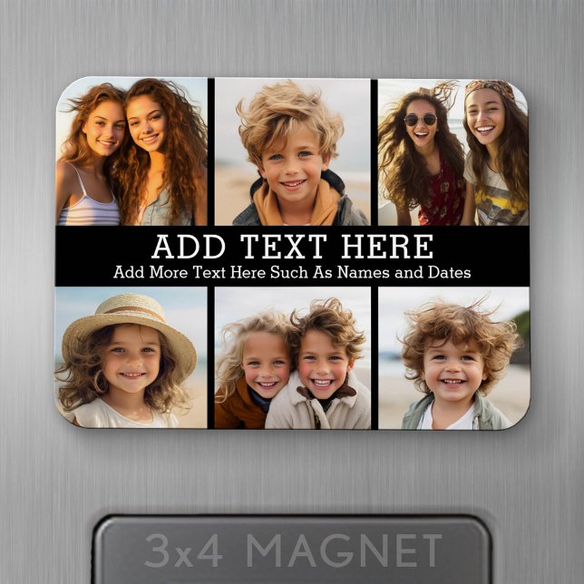 Íman 6 Colagem de Fotos 2 Linhas de Texto -- Pode Edita (Personalized fridge magnet - add photos and custom text)