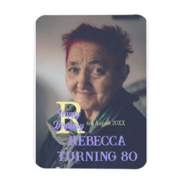 Íman 80 de aniversário da foto adicione nome data roxo 