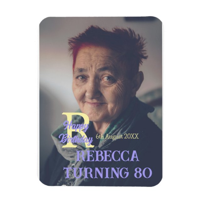 Íman 80 de aniversário da foto adicione nome data roxo  (Vertical)