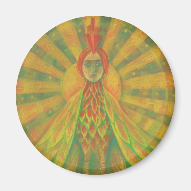 Íman "A Fênix", pássaro sol, deusa, amarelo &laranja, (Frente)