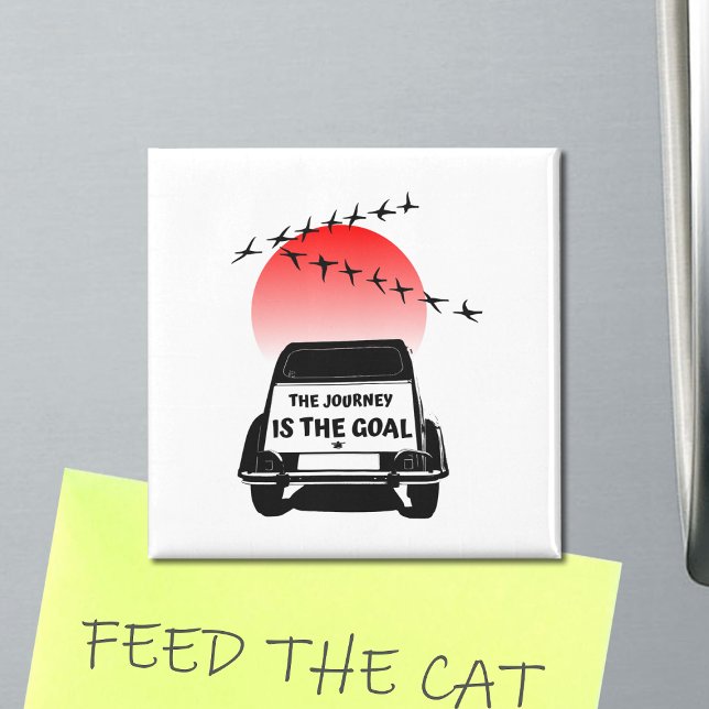 Íman A jornada é o objetivo Sunset - Vidtimer 2CV (2CV Magnet in White with a Red Sunset and Birds Illustration)