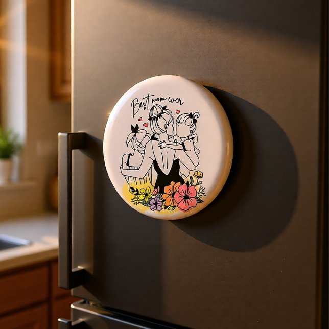 Íman A melhor mãe, mãe, crianças e flores (Best Mom Ever Floral Mother & Daughters Keepsake Magnet)