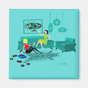 Íman A noite retro da menina no ímã quadrado