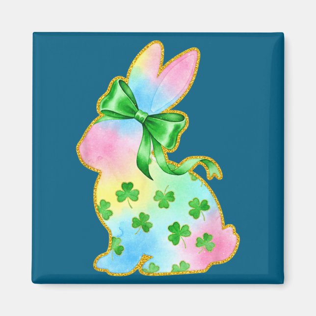 Íman A Rainbow Rabbit With Green Bow And Shamrock St Pa (Frente)
