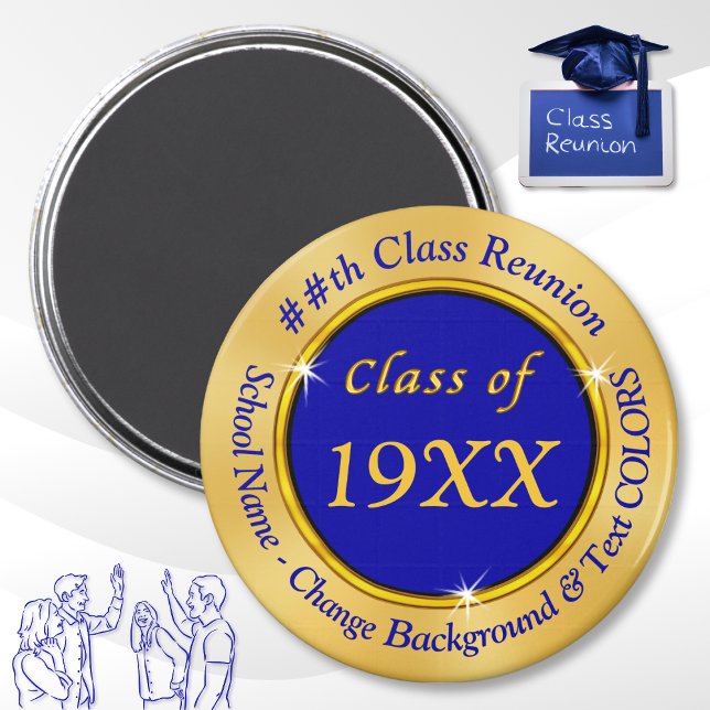 Íman A Reunião de Classe Dourada e Barata Favorece os M (Personalized Class Reunion Favors. Cheap Class Reunion Gifts. Blue and Gold, Customizable Magnets.  )