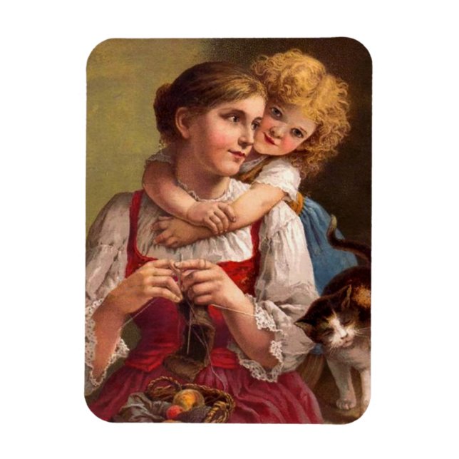 Íman A tricotar mãe com filho e gato (Vertical)