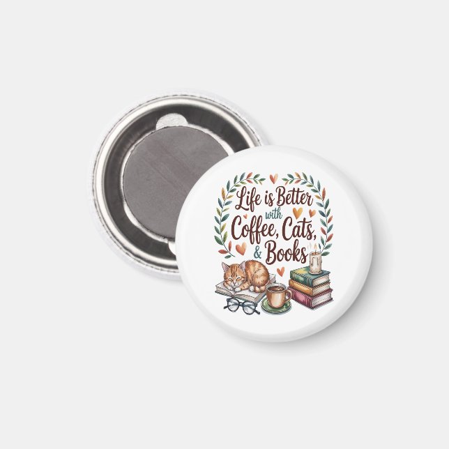 Íman A Vida é Melhor com Café Gatos Livros (Front/Back)