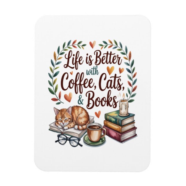 Íman A Vida é Melhor com Café Gatos Livros (Vertical)