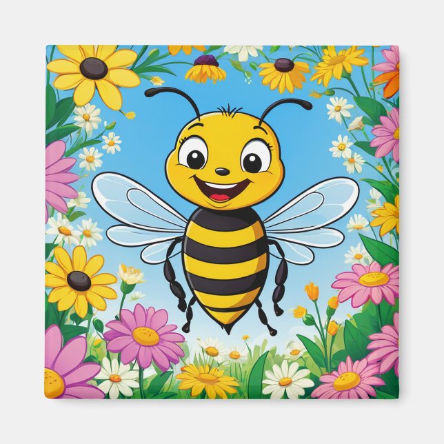 Íman Abeja Desenho Animado Flores Coloridas  (Frente)