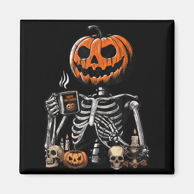Íman Abóbora Esqueleto Bebendo Café Funny Halloween (Frente)