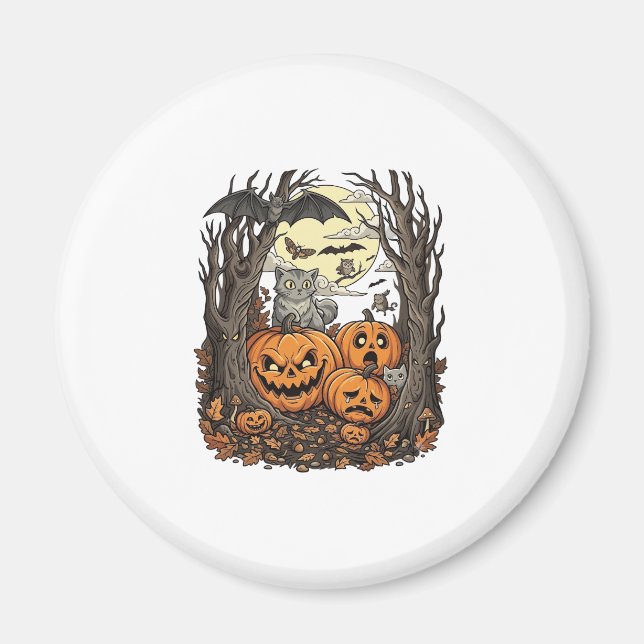 Íman Abóboras de Halloween Gato Cinza Morcego Lua Cheia (Frente)