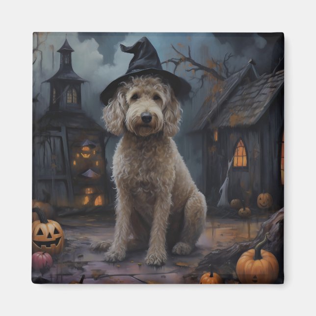 Íman Abóboras Goldendoodle Halloween Assustador (Frente)