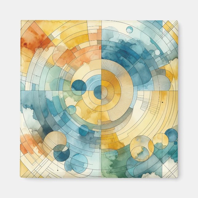 Íman Abstrato de Aquarela Geométrica Azul e Amarelo (Frente)