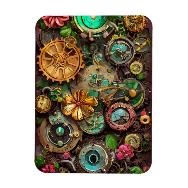 Íman Abstrato Surreal Gears Flowers Steampunk Art (Vertical)