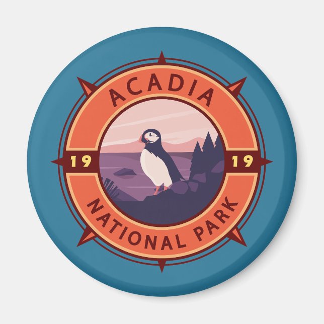 Íman Acadia National Park Puffin Retro Compass Emblem (Frente)