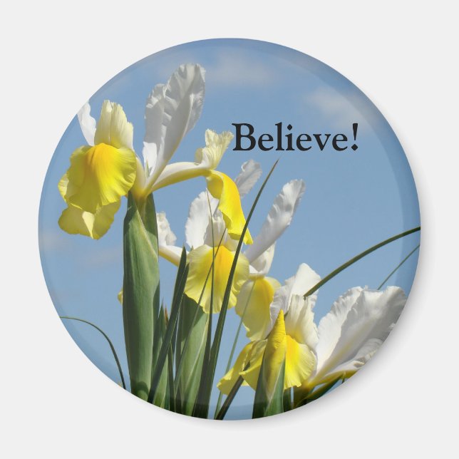 Íman Acredite! ímã Amarelo Flores de Íris Brancas (Frente)