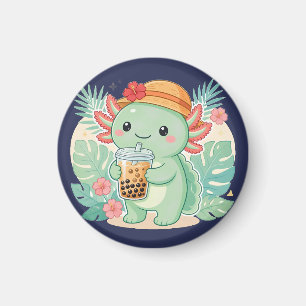 Íman Adorável Axolote Verde Kawaii Bebendo Chá de Boba