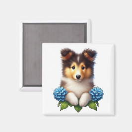 Íman Adorável Cachorrinho com Flores Azuis