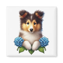 Adorável Cachorrinho com Flores Azuis 