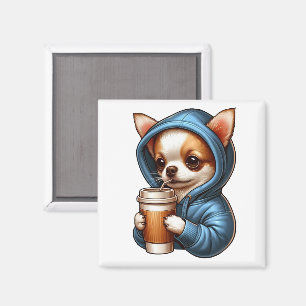 Íman Adorável Chihuahua Bebendo Café de Xícara