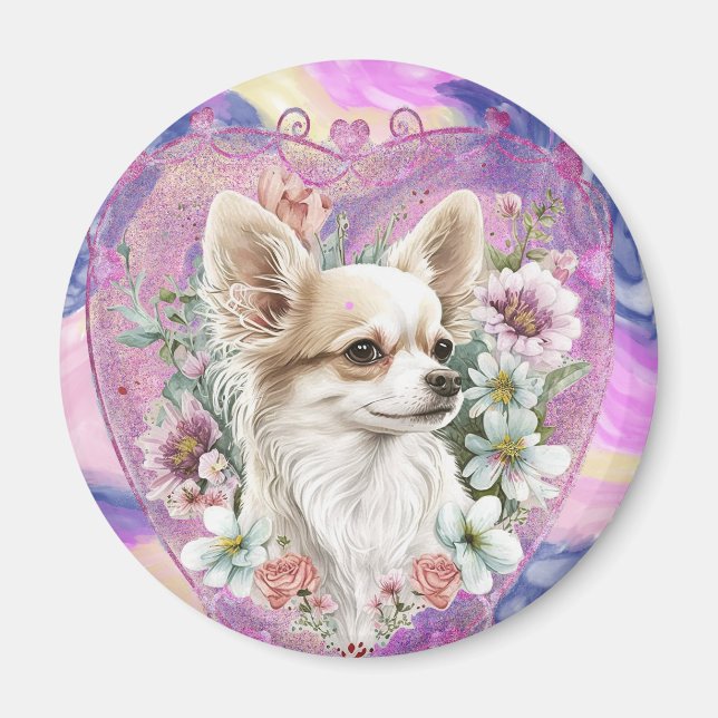Íman Adorável Chihuahua com tema rosa-flores (Frente)