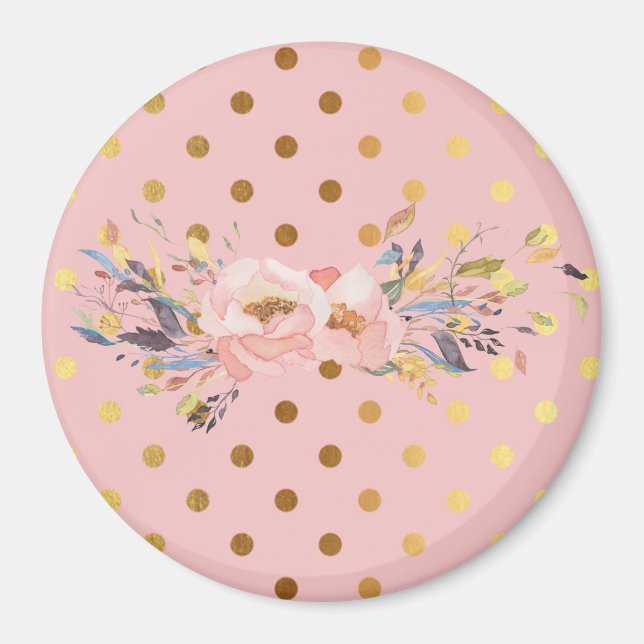 Íman Adorável Flores com Pontos Polka Dourados Falsos (Frente)