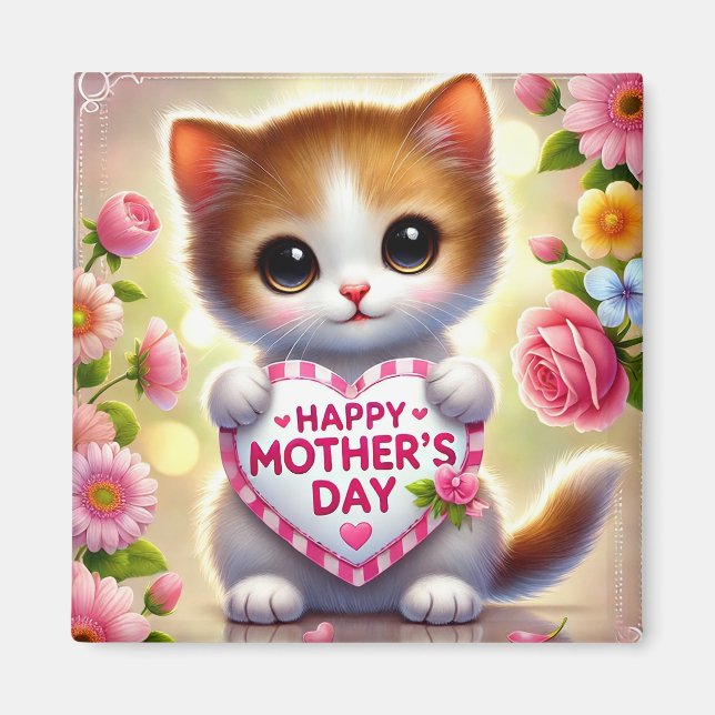 Íman Adorável gatinho segurando coração do Dia das Mães (Frente)